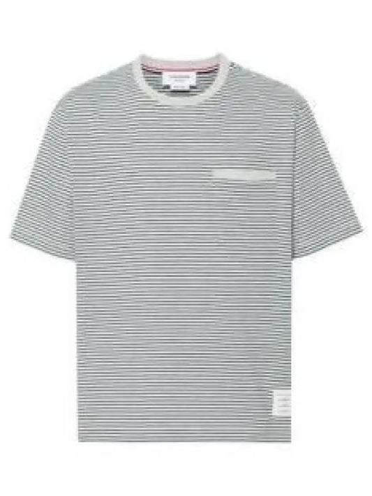 Striped Pocket Cotton Oversized Short Sleeve T-Shirt Blue - THOM BROWNE - BALAAN 2