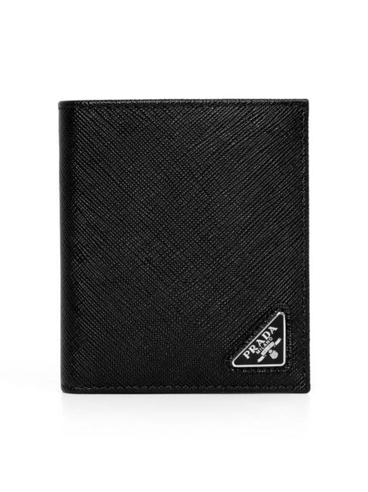 Triangular Logo Saffiano Half Wallet Black - PRADA - BALAAN 2