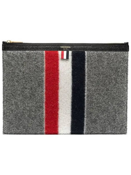 Men's Three Stripes Boiled Wool Stripe Zipper Document Holder Clutch Bag Medium Grey - THOM BROWNE - BALAAN 2