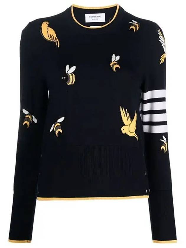 Birds Bees 4-Bar Cotton Merino Pullover Knit Top Navy - THOM BROWNE - BALAAN 1