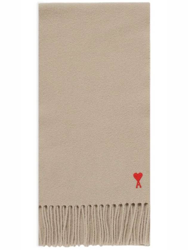 Small Heart Logo Classic Wool Fringe Scarf Beige - AMI - BALAAN 3