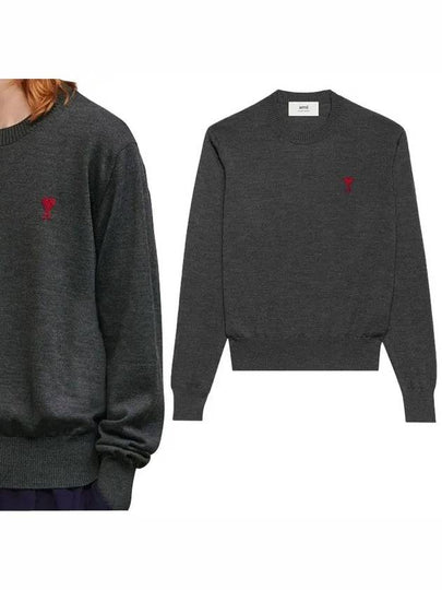 Heart Embroidered Logo Crew Neck Knit Top Heather Grey - AMI - BALAAN 2