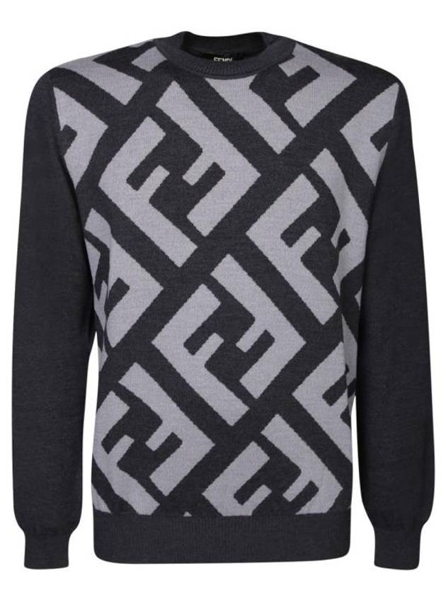 Monogram Jacquard Wool Crewneck Knit Top Grey - FENDI - BALAAN 2