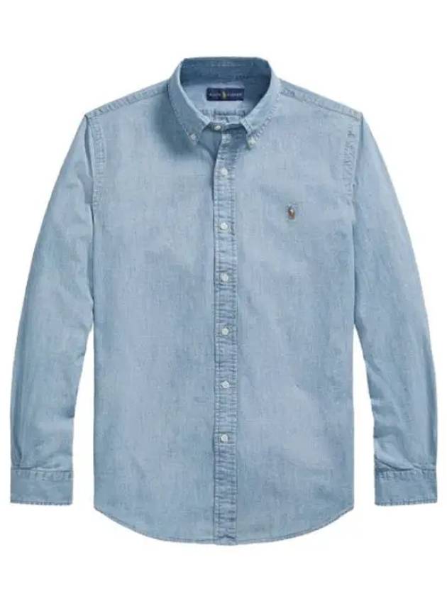 Men's Embroidered Logo Custom Fit Chambray Long Sleeve Shirt Blue - POLO RALPH LAUREN - BALAAN 2