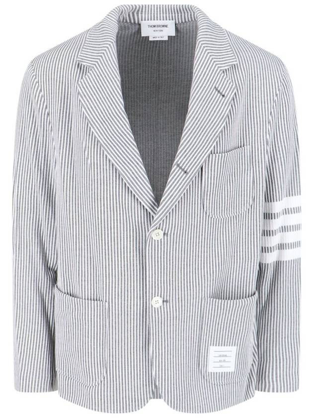 Men's 4 Bar Seesucker Loopback 4 Bar Sack Cardigan Grey - THOM BROWNE - BALAAN 2