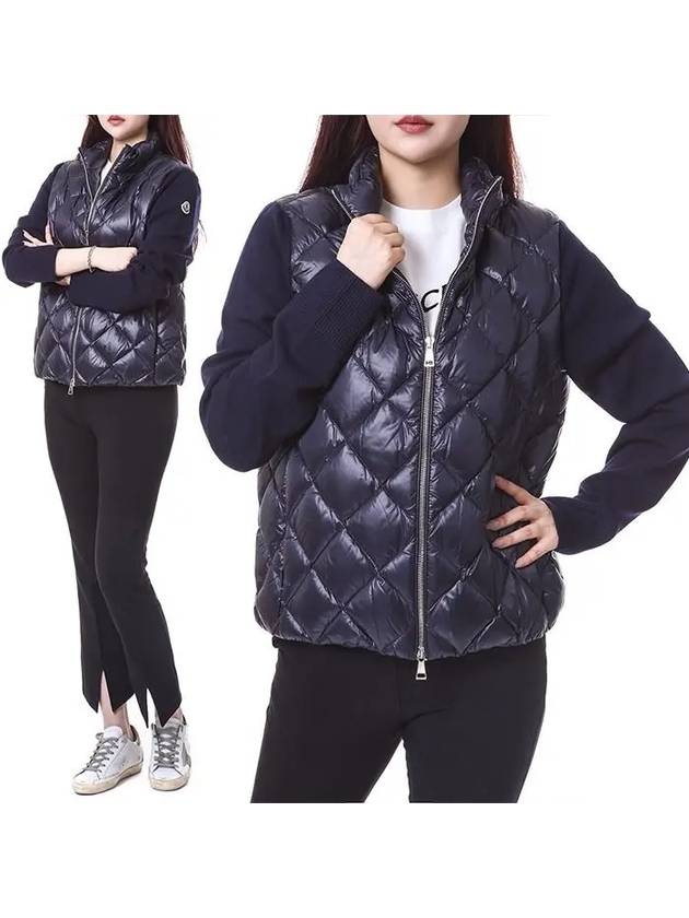 Women's Logo Patch Wool Padded Zip-Up Cardigan Navy Blue - MONCLER - BALAAN.