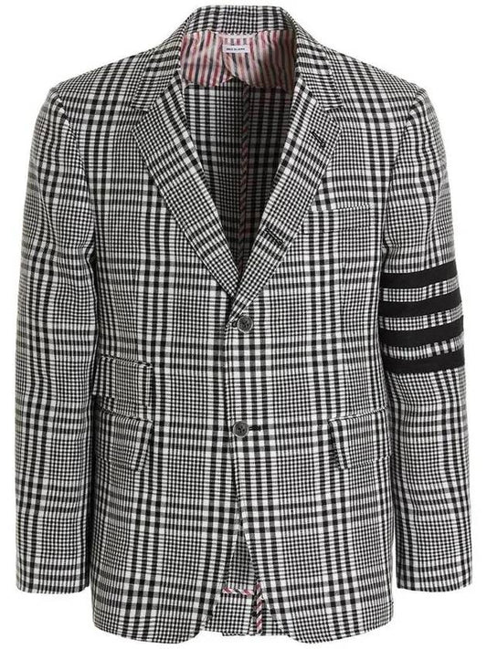 Men's Diagonal Check Linen Single Jacket Black - THOM BROWNE - BALAAN.