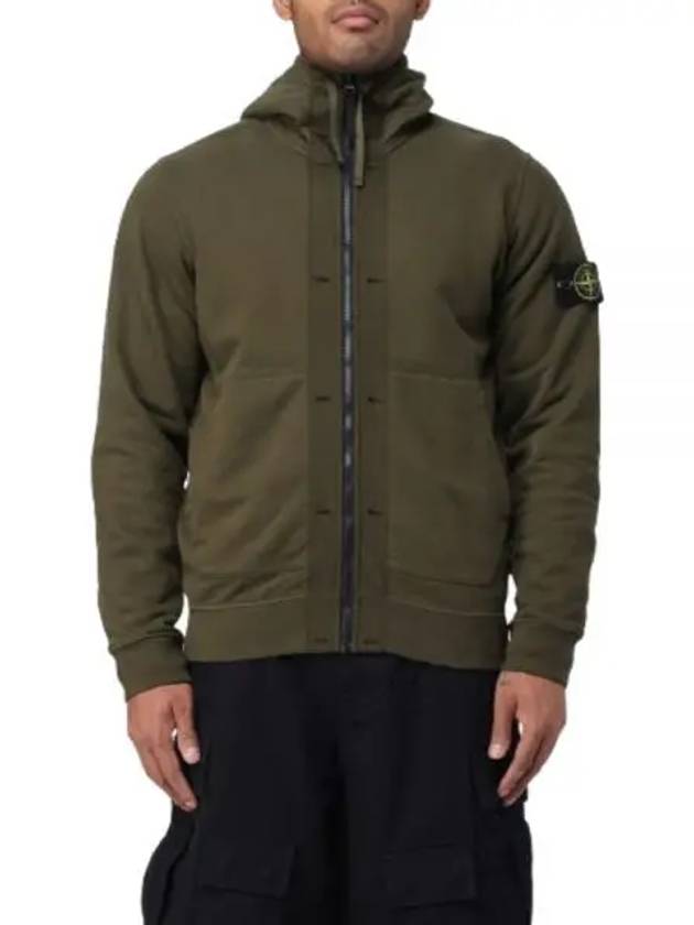 Brushed Cotton Fleece Garment Dyed Hooded Zip Up Olive Green - STONE ISLAND - BALAAN 2