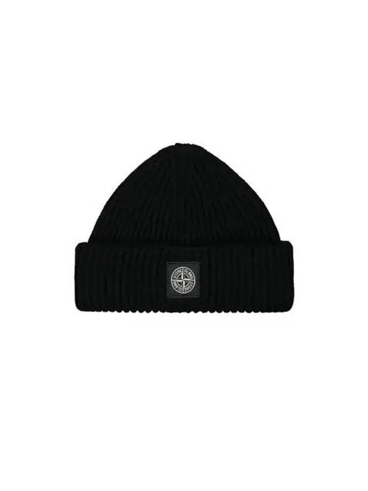 Logo Patch Rib Wool Beanie Black - STONE ISLAND - BALAAN 2