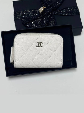 Classic zipper card wallet white caviar silver women s AP0216 - CHANEL - BALAAN 1