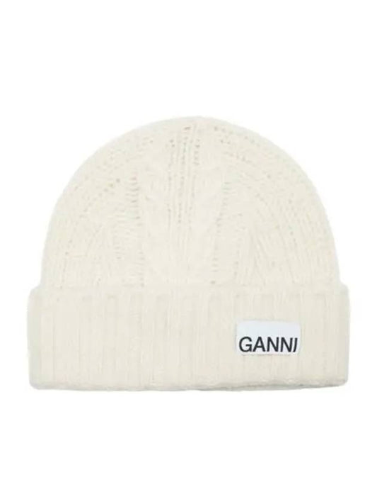 Logo Cable Knit Beanie Egret - GANNI - BALAAN 2