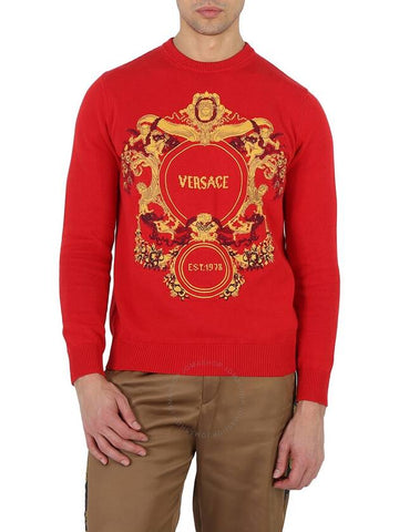 Versace Red Intarsia Knit Jacqurd Sweater, Brand Size 48 (US Size 38) - VERSACE - BALAAN 1