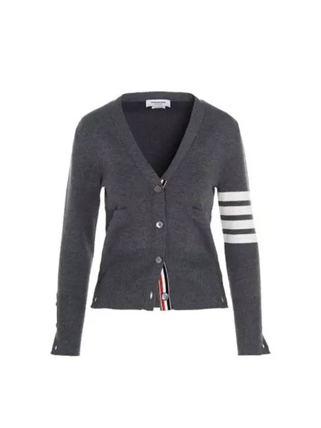 Milano Stitch 4 Bar Classic V Neck Fine Merino Wool Cardigan Medium Grey - THOM BROWNE - BALAAN 2