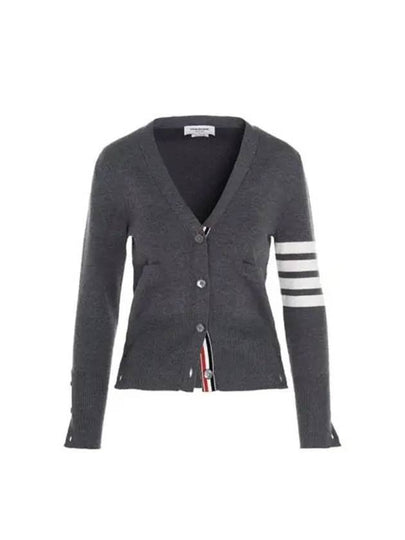 Milano Stitch 4 Bar Classic V Neck Fine Merino Wool Cardigan Medium Grey - THOM BROWNE - BALAAN 2