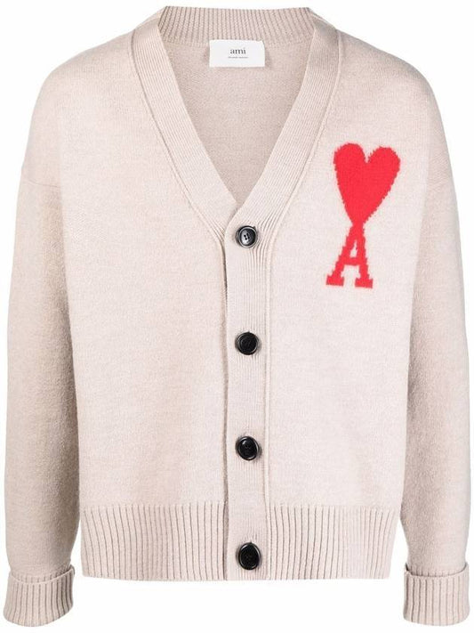 Men's Big Heart Logo Overfit Cardigan Champagne - AMI - BALAAN.