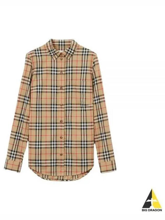 Button Down Collar Vintage Check Stretch Cotton Long Sleeve Shirt Beige - BURBERRY - BALAAN 2