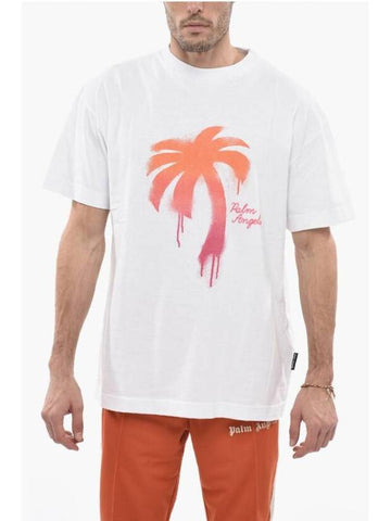 Palm Tree Printed Crewneck Classic Cotton Short Sleeve T-Shirt White - PALM ANGELS - BALAAN 1