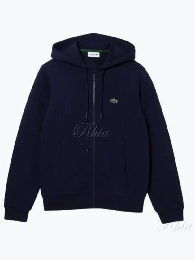 Embroidery Logo Kangaroo Pocket Fleece Zip Up Hoodie Navy - LACOSTE - BALAAN 2