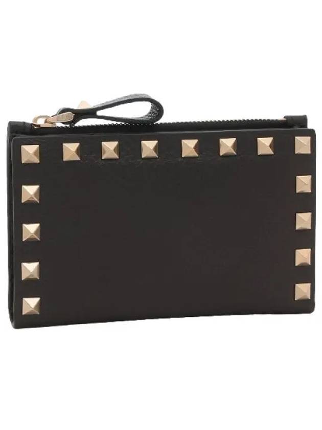 Rockstud Flap Leather Card Wallet Black - VALENTINO - BALAAN 2