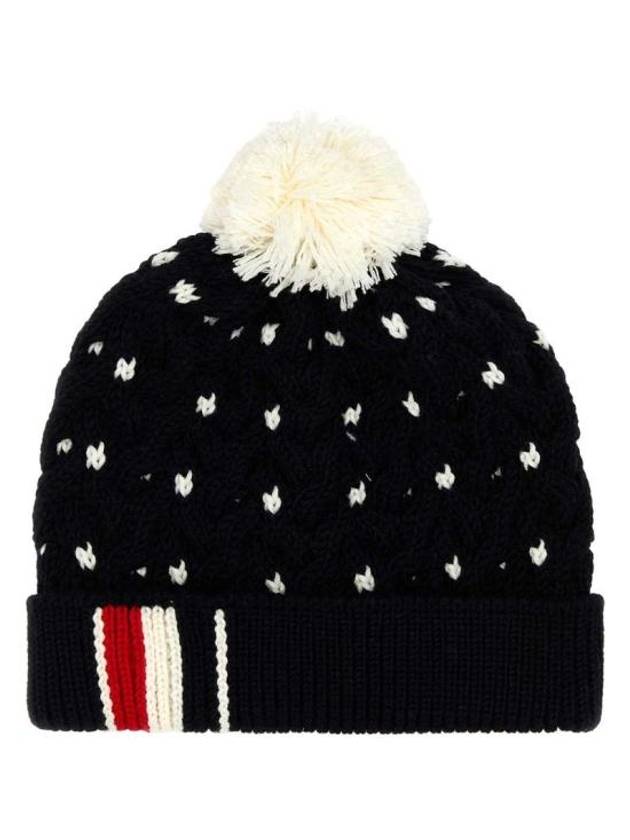 RWB Pompom Detail Virgin Wool Beanie Navy - THOM BROWNE - BALAAN 3