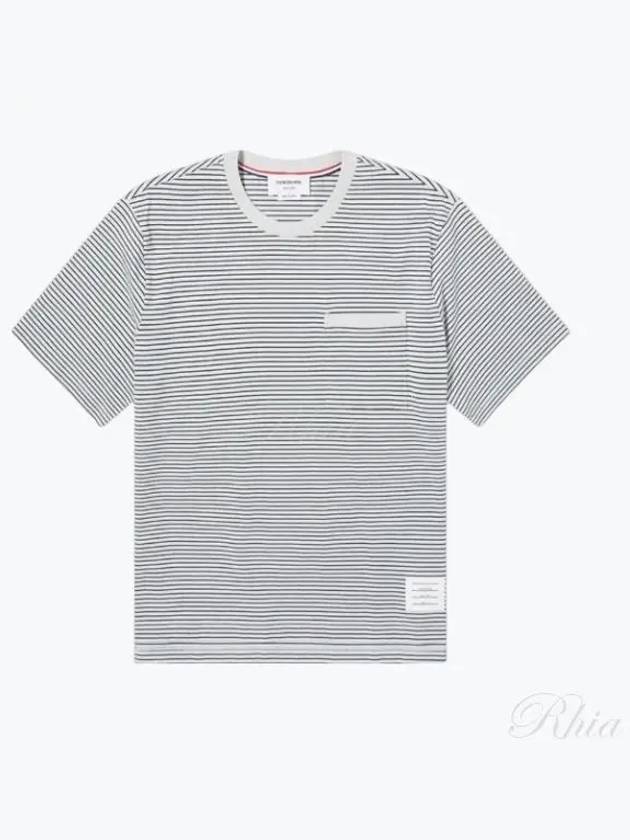 Striped Pocket Cotton Oversized Short Sleeve T-Shirt Blue - THOM BROWNE - BALAAN 2