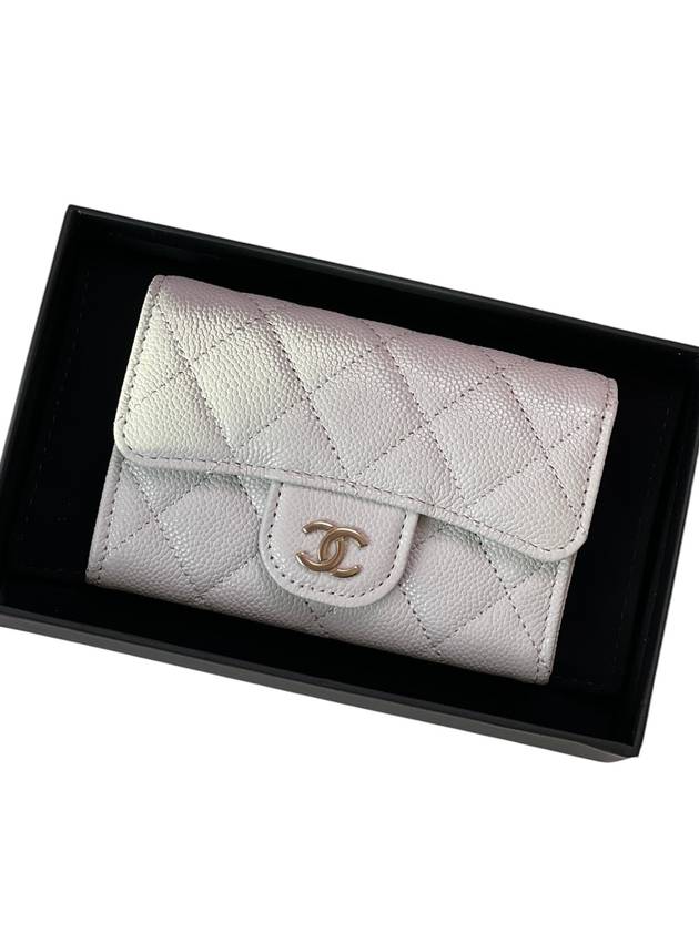 Classic Gold Logo Grained Shiny Calfskin Card Wallet Light Grey - CHANEL - BALAAN 6