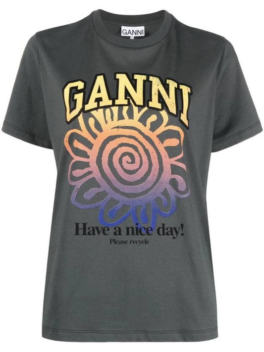 Relax Flower Organic Cotton Short Sleeve T-Shirt Grey - GANNI - BALAAN 1