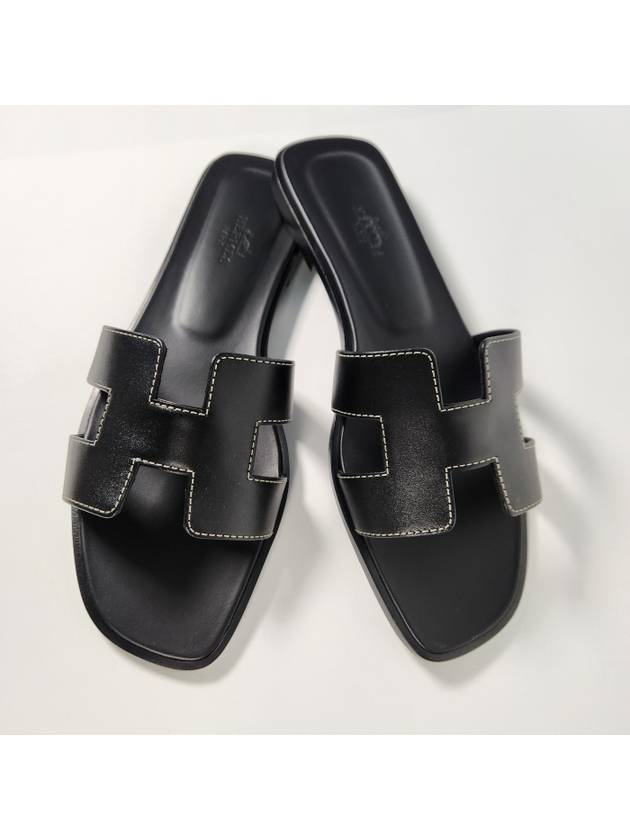 Oran Calfskin Slippers Noir Piqures Ecrues Black - HERMES - BALAAN 8