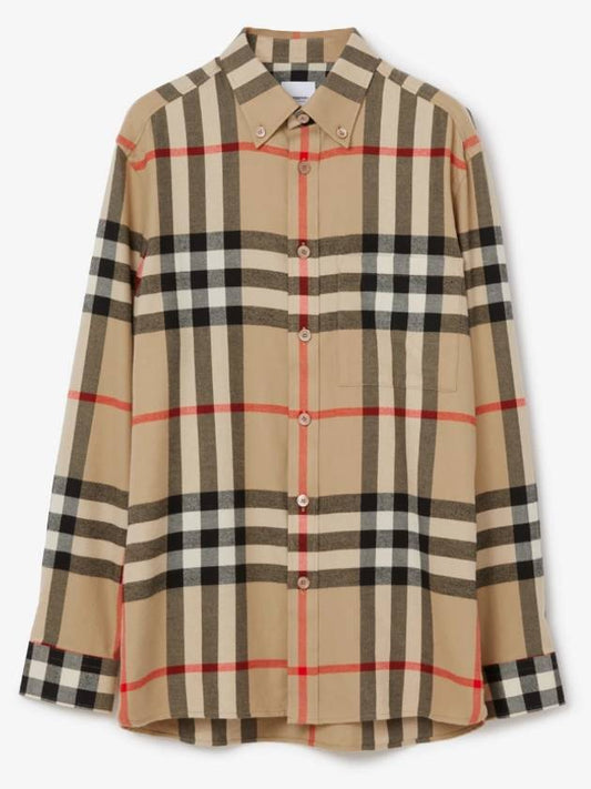 Men's Check Cotton Flannel Long Sleeve Shirt Beige - BURBERRY - BALAAN 2