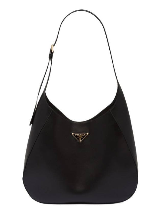 topstitched triangle logo large leather shoulder bag black - PRADA - BALAAN.