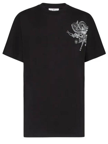 Jersey Round Neck Skeleton Tattoo Short Sleeve T-Shirt Black - PHILIPP PLEIN - BALAAN.