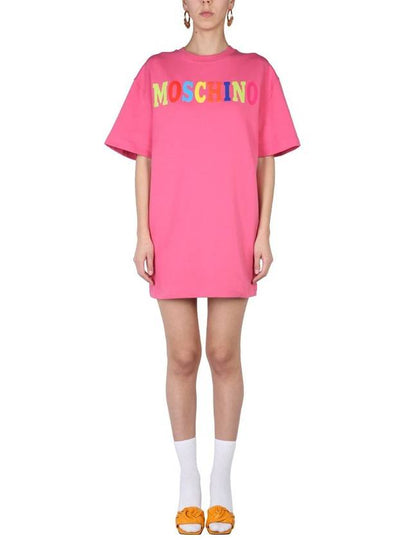 Women's Logo Cotton Short Sleeve Midi Dress Pink - MOSCHINO - BALAAN 2