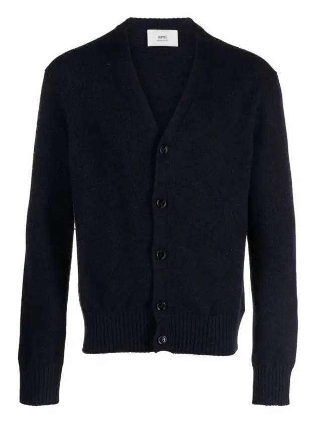 Heart Logo V Neck Cashmere Cardigan Navy - AMI - BALAAN 2