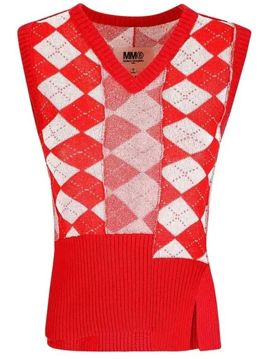 V-neck argyle knit vest red - MAISON MARGIELA - BALAAN.