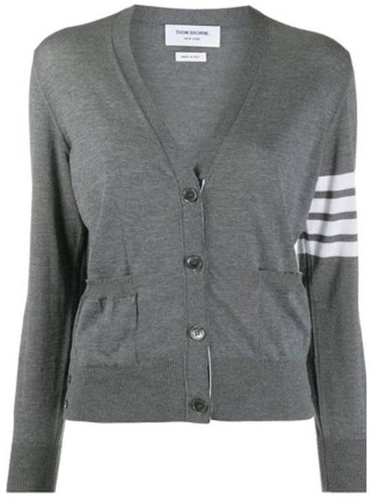 Sustainable Fine Merino Wool 4-Bar Relaxed Fit V-Neck Cardigan Medium Grey - THOM BROWNE - BALAAN 2