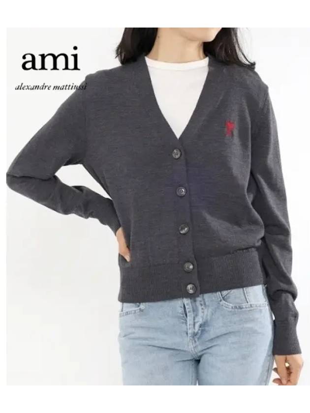 Heart Logo Wool Cardigan Heather Grey - AMI - BALAAN 2