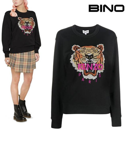 Tiger Jacquard Crew Neck Sweatshirt Black - KENZO - BALAAN 2