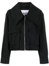 Women's Heavy Twill Wide Collar Zip-Up Jacket Black - GANNI - BALAAN 1