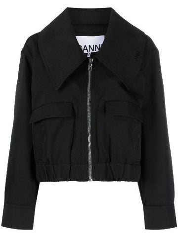 Women's Heavy Twill Wide Collar Zip-Up Jacket Black - GANNI - BALAAN 1