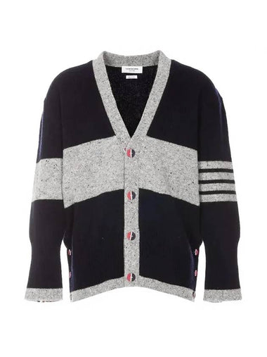 Two Tone Wool Mohair Cardigan Navy Grey - THOM BROWNE - BALAAN 1