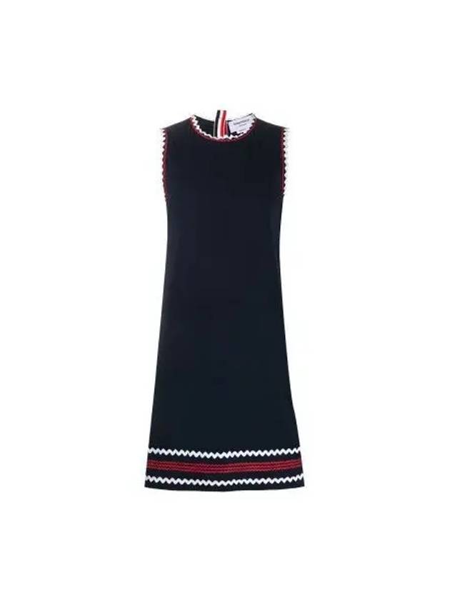 High Twist Cotton Pleated Rib Cricket Zigzag Trim Sleeveless Shift Midi Dress Navy - THOM BROWNE - BALAAN 1