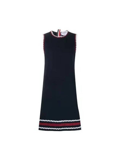 High Twist Cotton Pleated Rib Cricket Zigzag Trim Sleeveless Shift Midi Dress Navy - THOM BROWNE - BALAAN 2