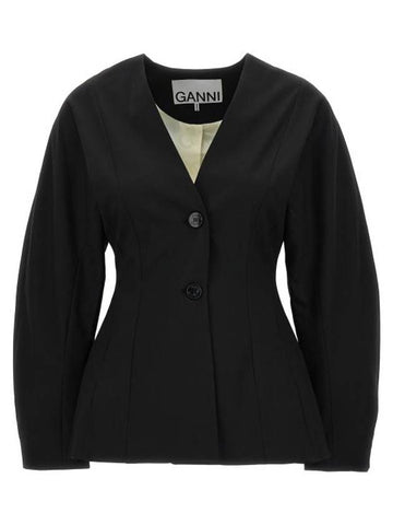 Drapey Melange Single Breasted Blazer Jacket Black - GANNI - BALAAN 1