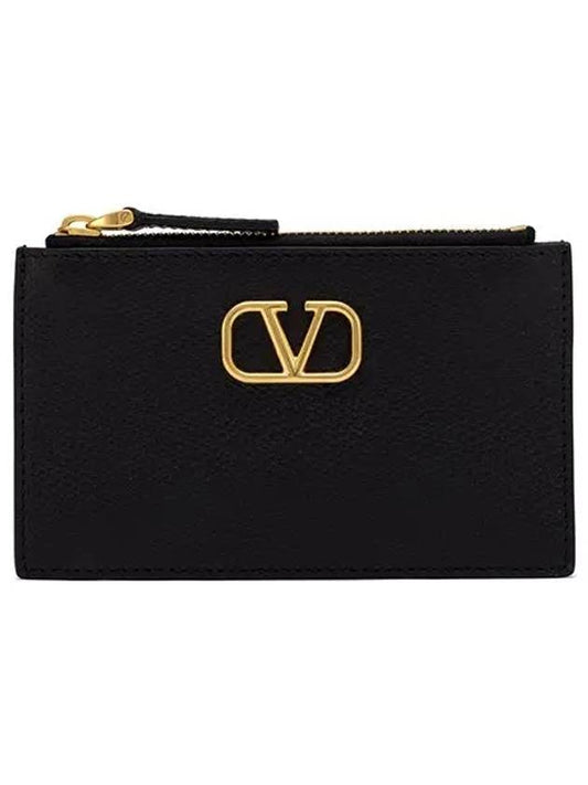 V Logo Signature Leather Card Wallet Black - VALENTINO - BALAAN 2