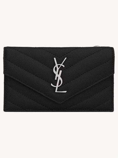 Silver Caviar Monogram Flip Card Wallet Black - SAINT LAURENT - BALAAN 2