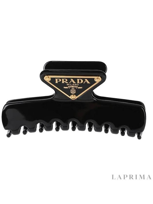 Logo Embellished Claw Metal Hairpin Black - PRADA - 2