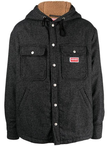 Houndstooth Pattern Press Stud Hooded Check Overshirt Jacket Grey - KENZO - BALAAN 1