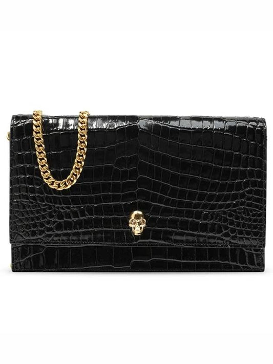 Gold Plated Skull Crocodile Leather Medium Shoulder Bag Black - ALEXANDER MCQUEEN - BALAAN.