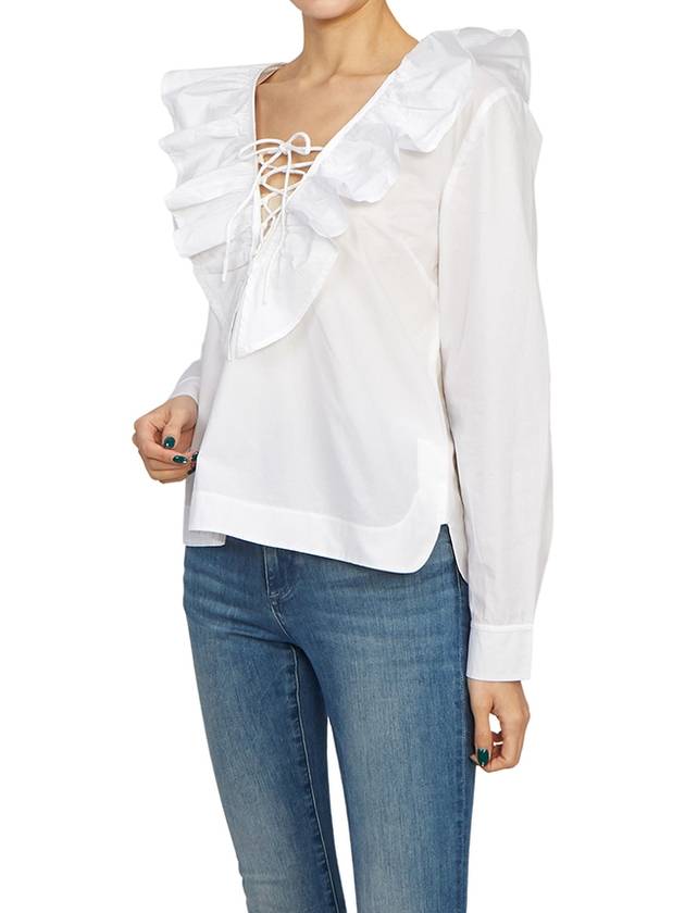 Cotton Poplin Ruffle V-Neck Blouse Bright White - GANNI - BALAAN 7