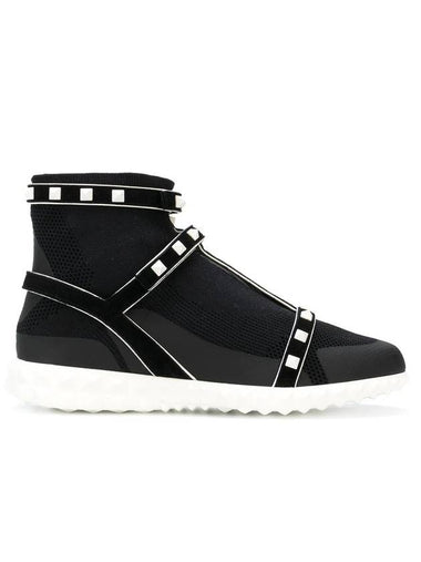 Suede Leather Strap Rockstud Knit High-Top Sneakers Black - VALENTINO - BALAAN 1